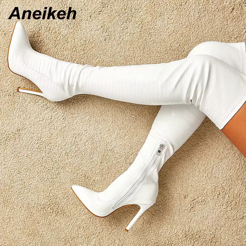 Aneikeh blanc Sexy sur le genou côté fermeture éclair sans lacet bout pointu chaussures nouvelle mod
