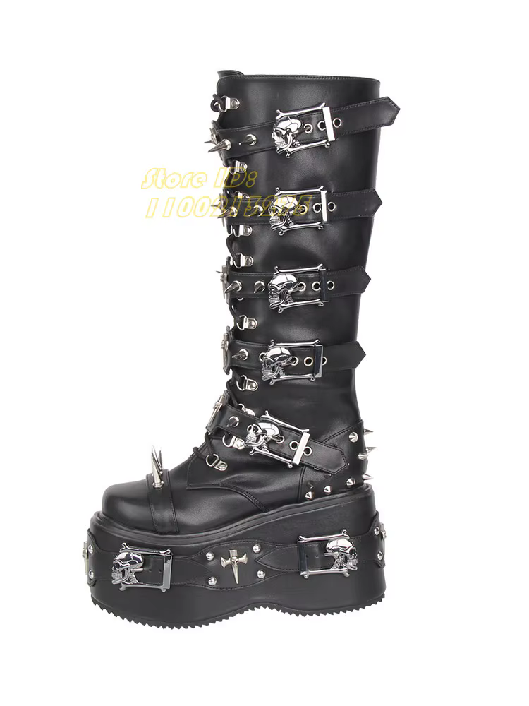 Bottes hautes à rivets et lanières, style punk, talon épais, fermeture éclair, bout rond, plateforme