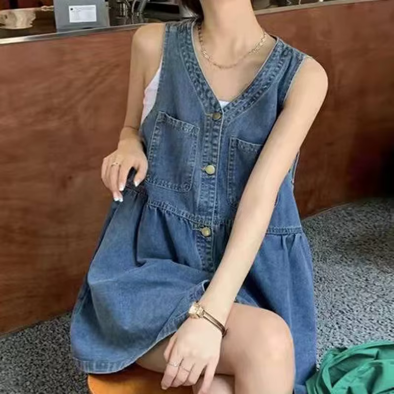Robe d'été sans manches à bretelles pour femme, style coréen, en jean, coupe ample, mini-robe trapèz