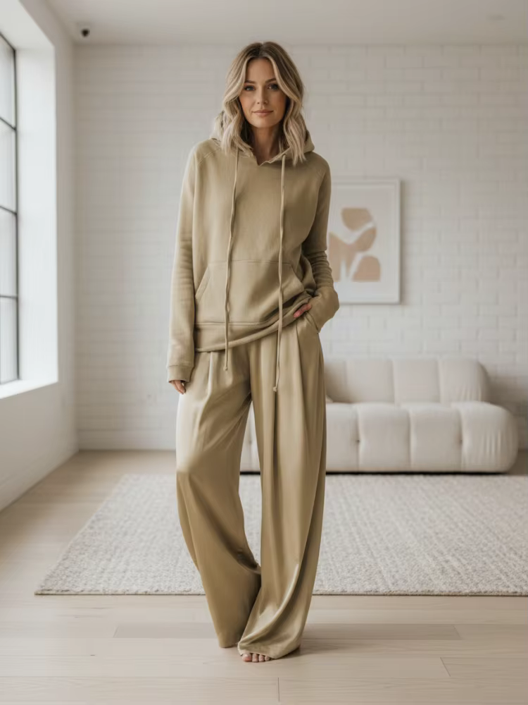 Onecozyday – pantalon taille haute à jambes larges et sweat-shirt à capuche à manches longues, coupe