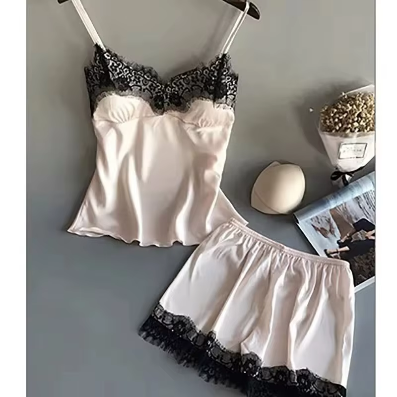Nouvel ensemble de pyjama sexy pour femme en satin extensible, col en V, style babydoll avec dentell