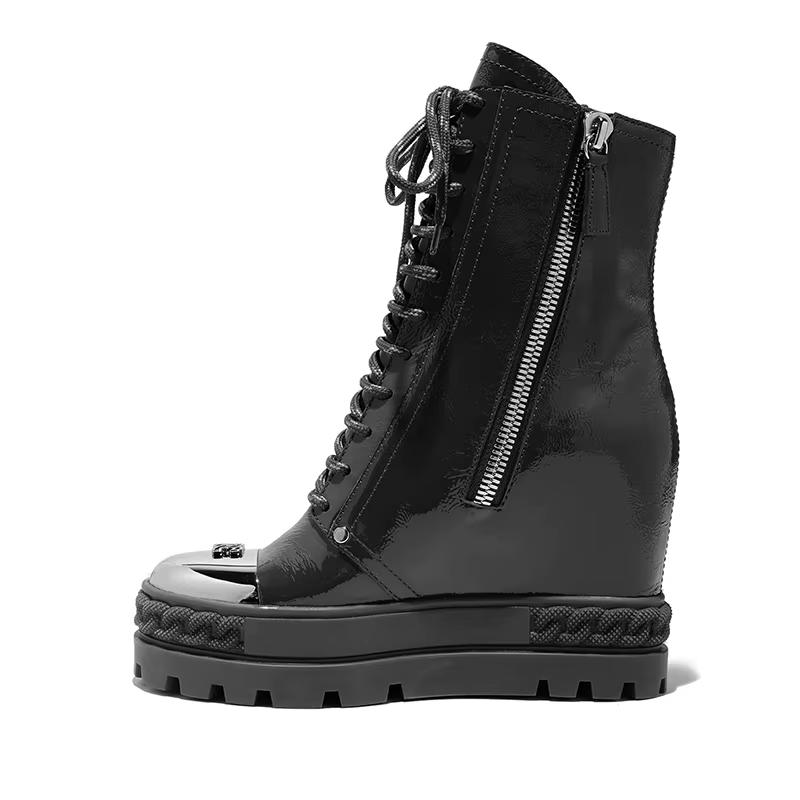 Semelle plate-forme optique noire, bottes romaines à fermeture éclair, baskets montantes, cuir verni
