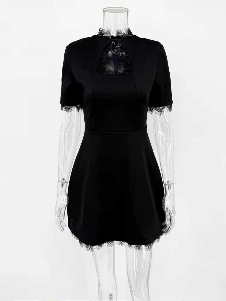 Tossy noir dentelle évider Mini robe femme Patchwork à manches courtes Sexy taille haute robe de soi