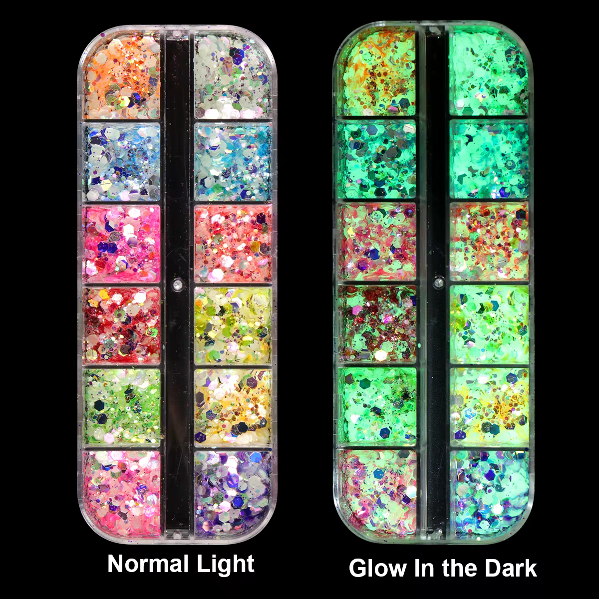12 grilles de poudre à ongles scintillante holographique brillante qui brille dans le noir, effet lu