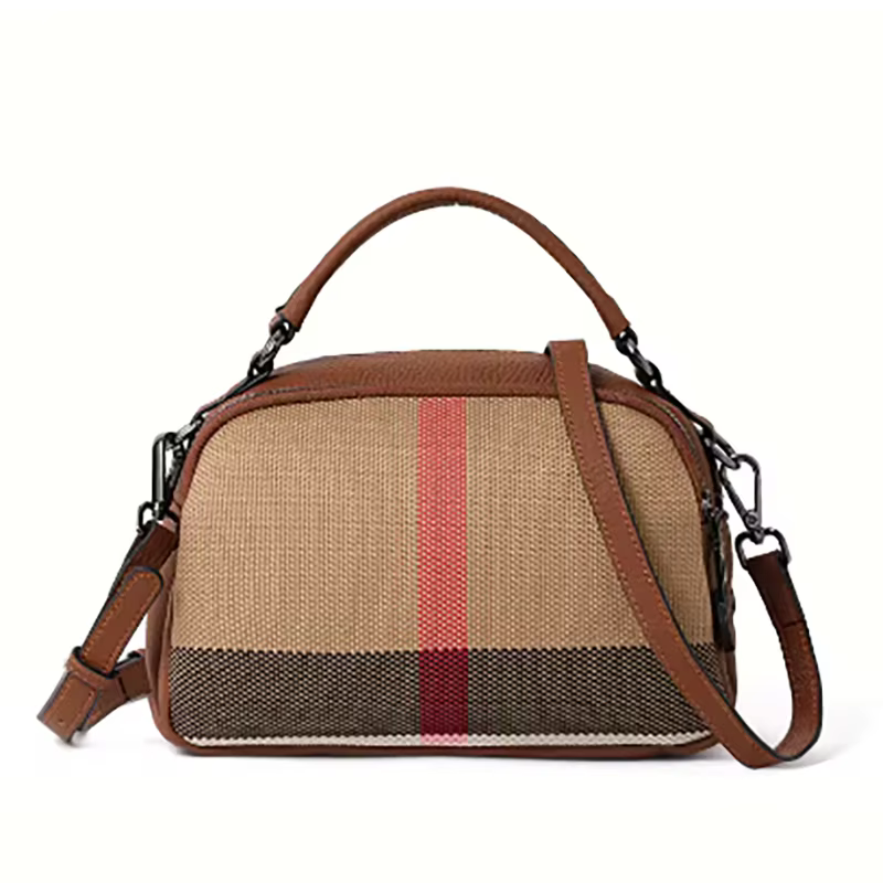 Sac fourre-tout vintage à carreaux pour femme - Toile de qualité - Mélange de cuir, haut élégant - S