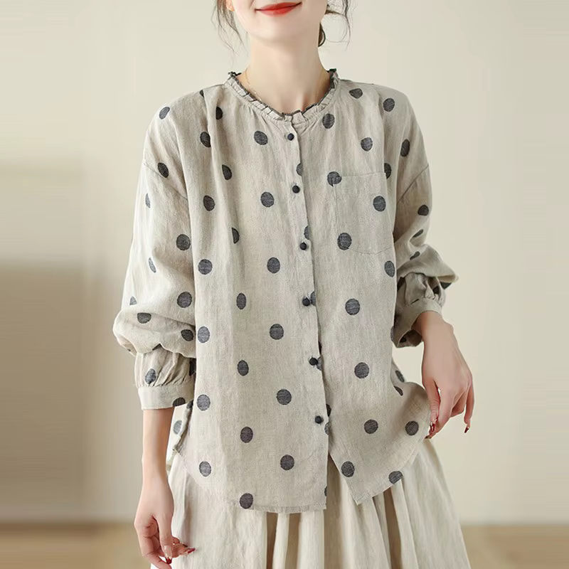 Chemises décontractées à manches longues pour femmes, style vintage, col rond, pois, coton, lin, pri