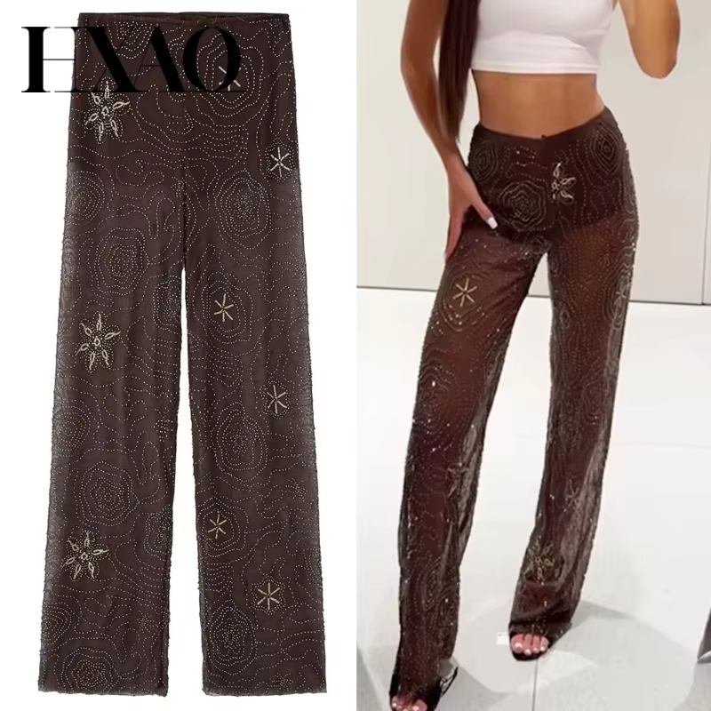 HXAO pantalons pour femmes printemps été 2025 perles marron pantalon paillettes translucides taille 