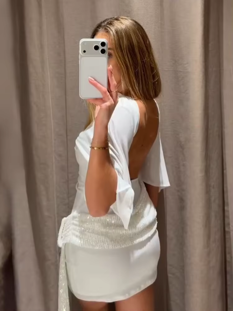 Robe Courte de Soirée HH pour Femme 2026 – Élégante, Blanche, à Manches Courtes, Dos Nu, Décoration 