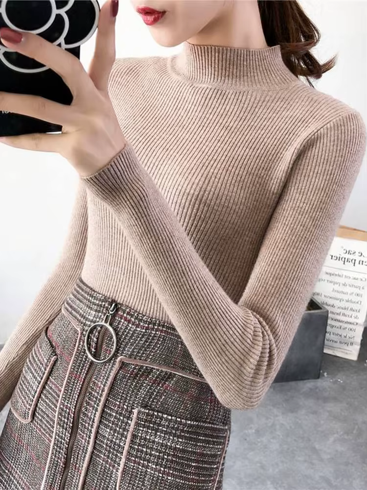 Automne hiver col montant femmes pull Vintage basique solide tricoté hauts décontracté mince pull co
