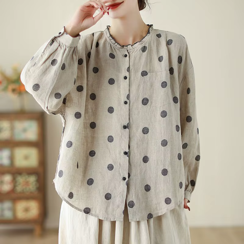 Chemises décontractées à manches longues pour femmes, style vintage, col rond, pois, coton, lin, pri