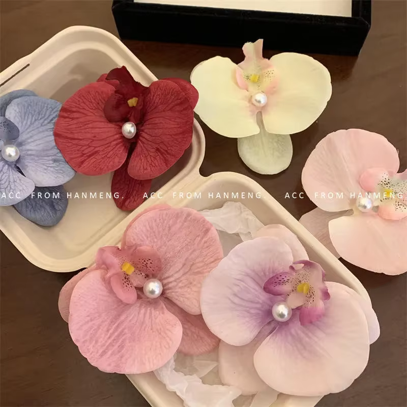 Pince à cheveux en forme de fleur d'orchidée rose doux, Barrettes à cheveux en perles coréennes, orn