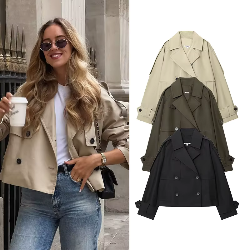 Manteau court décontracté pour femme à double boutonnage, style trench-coat de printemps, à manches