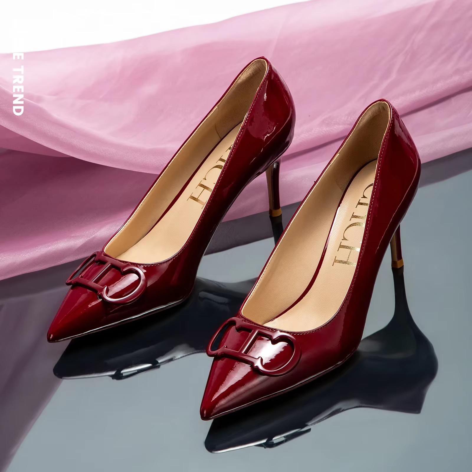 C-H – chaussures à talons hauts pour femmes, chaussures de mariage d'affaires en cuir laqué noir, 7c