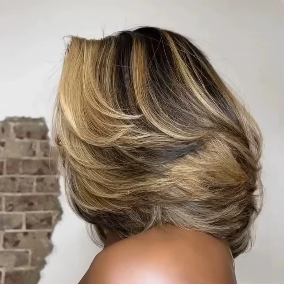 Perruque courte bob en cheveux humains avec closure en dentelle 5x5, coupe dégradée, mèches blondes,