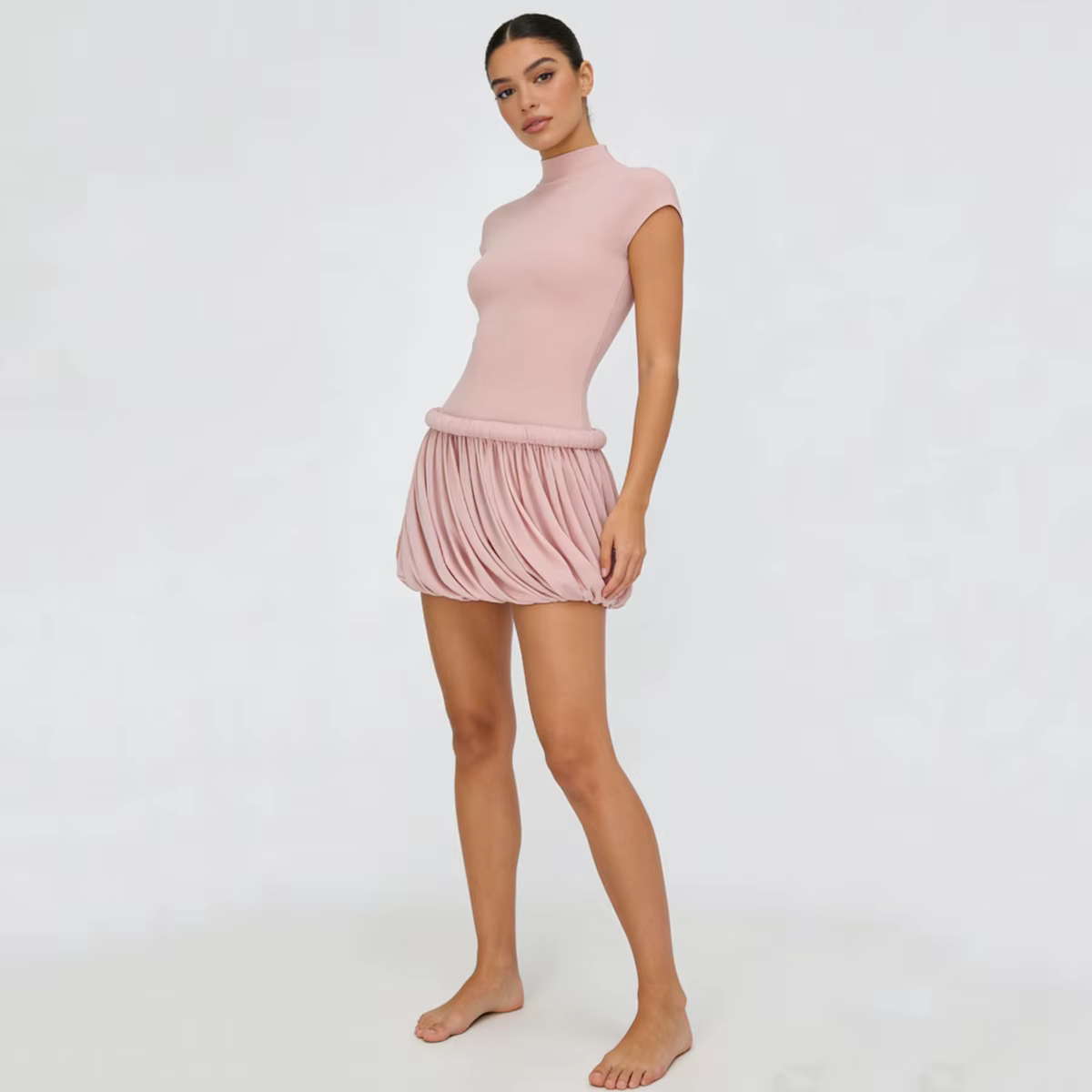 Nouvelle Robe Courte Femme CiCi 2026 Col Montant Manches Courtes Jupe Drapée Froncée Décontractée So