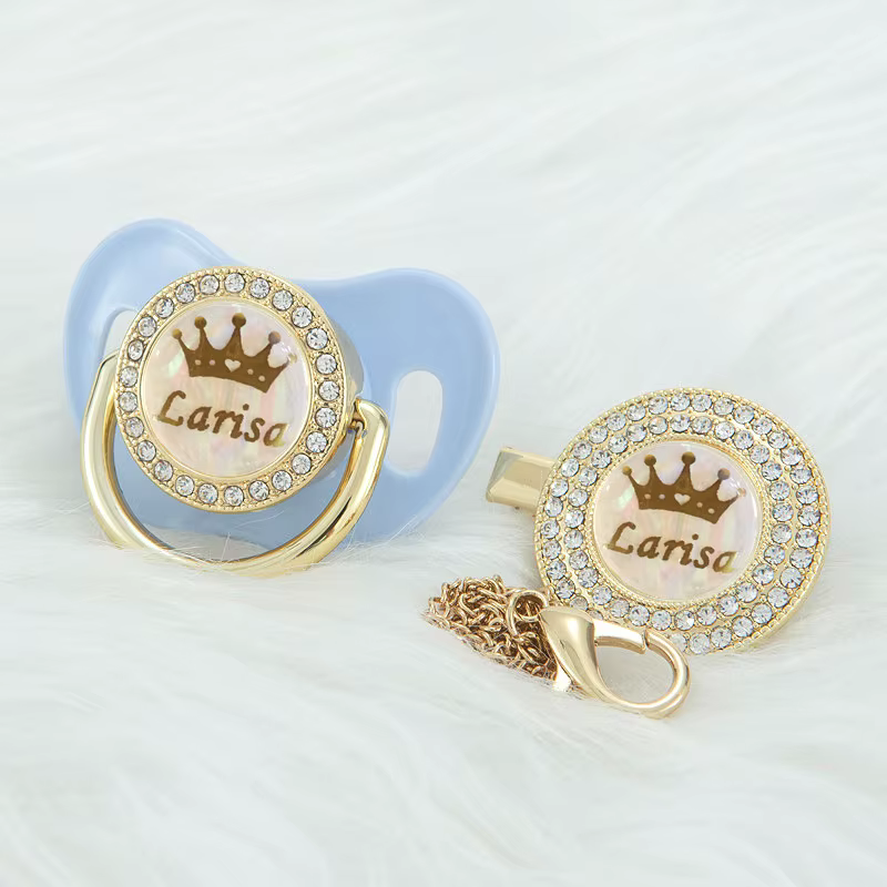 MIYOCAR personnalisé kaki bling couronne nom bling sucette et attache-sucette sans BPA factice bling