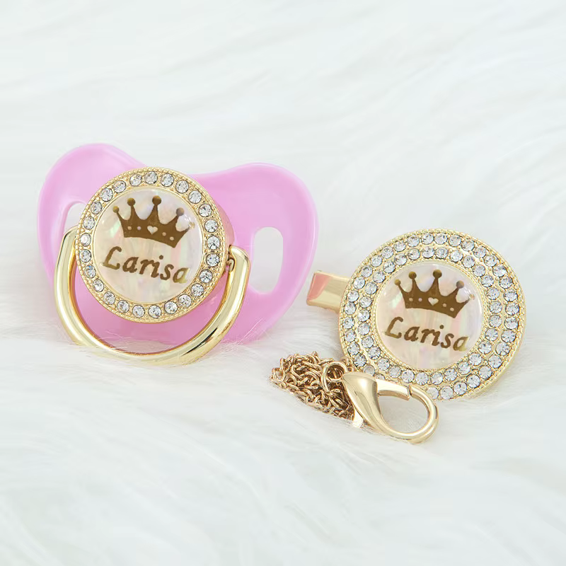 MIYOCAR personnalisé kaki bling couronne nom bling sucette et attache-sucette sans BPA factice bling