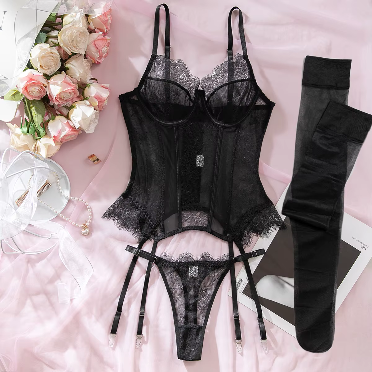 Ensemble de lingerie sexy en dentelle pour femme, comprenant un corset push-up, un body bustier, une ceinture serre-taille à baleines, une jarretière et des bas, ensemble de sous-vêtements érotiques